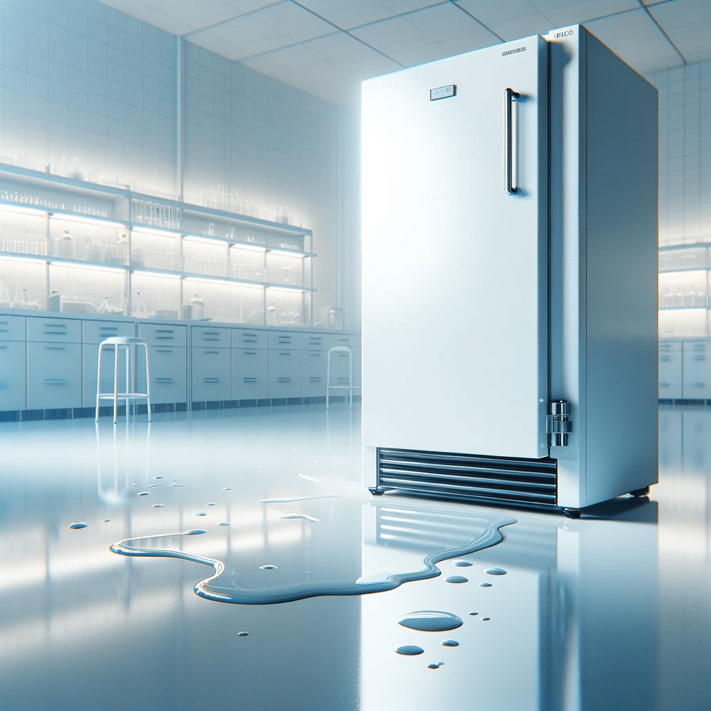 This image depicts a laboratory with a large upright freezer standing in the foreground. The freezer door is closed, but there's a noticeable pool of water on the shiny floor, indicating that the freezer has had a mechanical failure and the contents inside have defrosted. The laboratory is well-lit, with bright lighting and a clean, organized background featuring shelving filled with various laboratory items. The scene conveys an unexpected event requiring urgent attention to prevent the potential loss of critical research samples.
