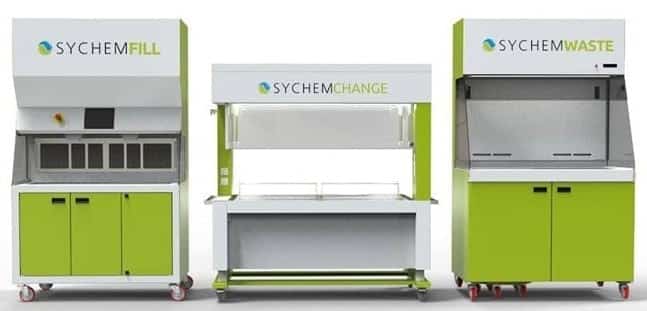 Lineup of three Sychem vivarium automation systems in lime green color. From left to right: SychemFILL, an automatic animal bedding dispenser; SychemCHANGE, an animal transfer station featuring enhanced containment and ergonomics; SychemWASTE, a bedding disposal station designed for efficient waste management. Each unit is equipped with wheels for mobility and prominently displays the Sychem logo.