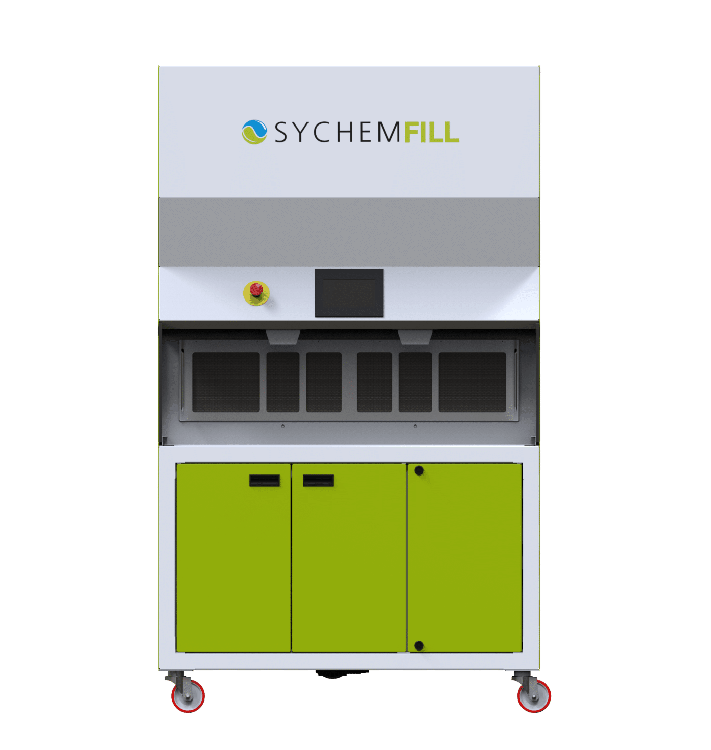 Front view of the SychemFILL, an automatic animal bedding dispenser featuring a sleek design with a gray and lime green color scheme. The top section of the machine has a control panel and emergency stop button, and the front features a large hopper for dispensing bedding material. Below, there are two vibrant green doors providing access to internal components. The unit is equipped with red casters for easy mobility within research facilities, showcasing its functionality and modern design.