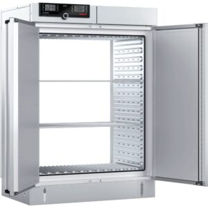 A laboratory passthrough oven with two doors that open on each side allowing access from both sides. There are two interior shelves and an external digital display showing temperature. The doors are solid.