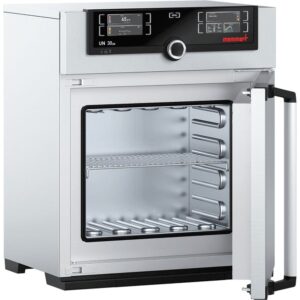 A compact paraffin oven with a solid door and digital display on the front top showing the current temperature inside.