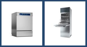 Side by side comparison of undercounter and freestanding laboratory glassware washers showing size differences and installation configurations"