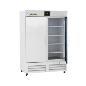 ARS-HC-49S Plus Series upright lab refrigerator interior showing eight adjustable wire shelves, LED safety-shielded lighting, and forced draft airflow for large-capacity sample and reagent storage