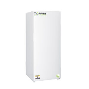ARES Scientific upright laboratory freezer with solid door, clean white exterior, and locking handle