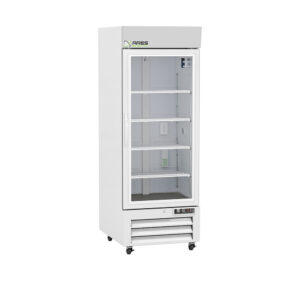 ARES Scientific glass door laboratory refrigerator for chromatography applications with visible interior shelving