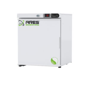 ARS-HC-UCFS-0104-LH ARES Cool 1 cu. ft. freestanding countertop laboratory refrigerator with left-hinged solid swing door closed, white powder-coated steel exterior, front view