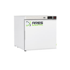 ARS-HC-UCFS-0120 ARES Cool 1.7 cu. ft. freestanding countertop manual defrost laboratory freezer with right-hinged solid swing door closed, powder-coated steel exterior, front view