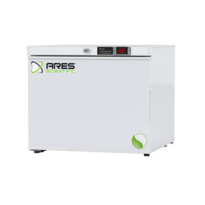 ARS-HC-UCFS-0120-LH ARES Cool 1.7 cu. ft. freestanding countertop manual defrost laboratory freezer with left-hinged solid swing door closed, powder-coated steel exterior, front view