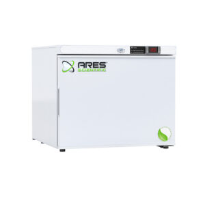ARS-HC-UCFS-0120A ARES Cool 1.7 cu. ft. freestanding countertop auto defrost laboratory freezer with right-hinged solid swing door closed, powder-coated steel exterior, front view