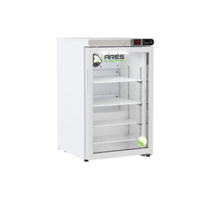 ARS-HC-UCFS-0204G ARES Cool 2.5 cu. ft. freestanding countertop laboratory refrigerator with glass door closed, showing interior contents through tempered glass, powder-coated steel exterior, front view
