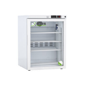 ARS-HC-UCFS-0504G ARES Cool 5.2 cu. ft. freestanding undercounter laboratory refrigerator with glass door closed, showing interior visibility through tempered glass, powder-coated steel exterior, front view