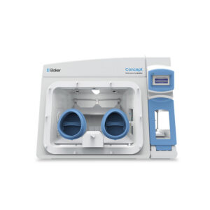 Baker Ruskinn Concept benchtop anaerobic workstation with two blue glove ports and an integrated interlock airlock with touchscreen on the right