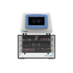 Baker Ruskinn PhO₂xBox physiological oxygen cell culture chamber with touchscreen controller displaying 5% O₂ and 5% CO₂, mounted above a glass chamber holding petri dishes on three shelves