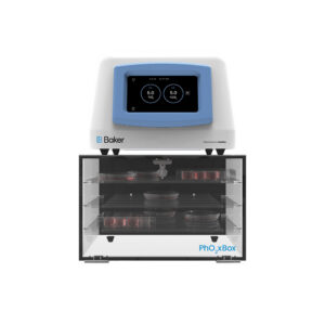 Baker Ruskinn PhO₂xBox physiological oxygen cell culture chamber with touchscreen controller displaying 5% O₂ and 5% CO₂, mounted above a glass chamber holding petri dishes on three shelves