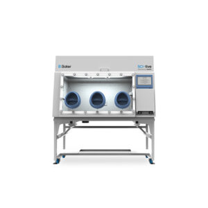 Baker Ruskinn SCI-tive floor-standing hypoxia workstation with three glove ports on a mobile stand and side-mounted touchscreen control