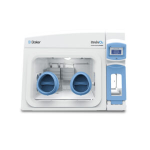 Baker Ruskinn InvivO₂ hypoxia workstation with two blue glove ports and an integrated side interlock airlock with touchscreen controller